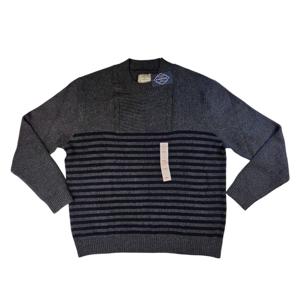 St. John's Bay Mens XXL Long Sleeve Charcoal Navy Striped Crew Neck Sweater NWT